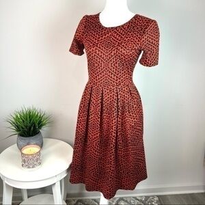 Lularoe Womens A Line Dress Red Black Geometric Stretch Scoop Zip Short Sleeve S